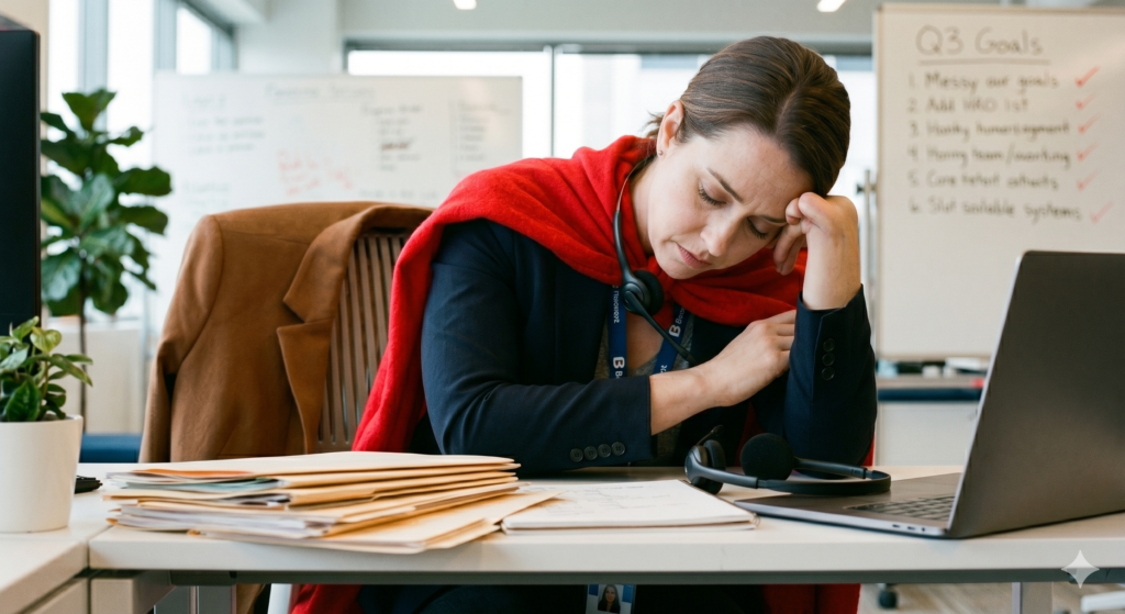 Exhausted office hero slumped at desk, showing the cost of heroics and the need to move beyond heroics in business.