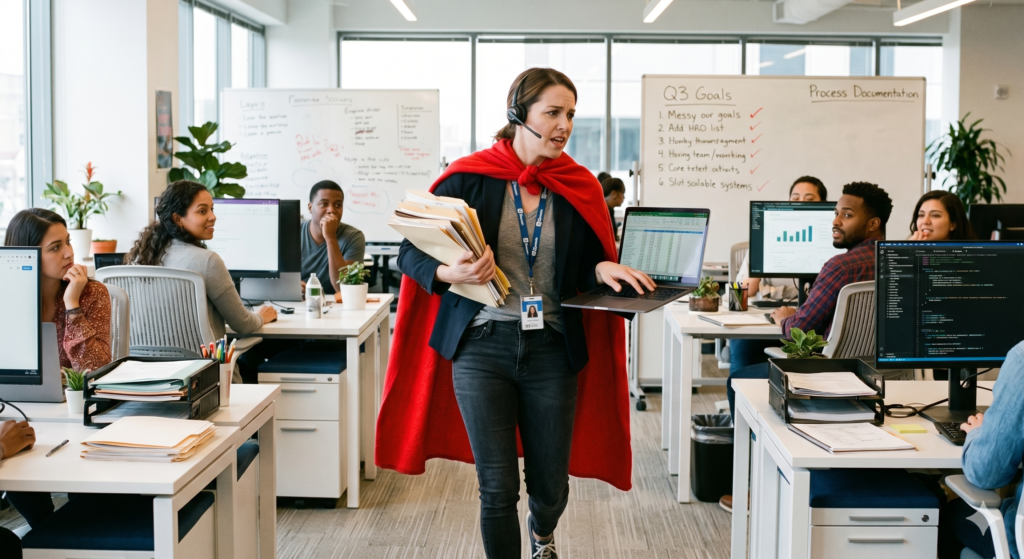 Office hero in red cape juggling work, symbolizing heroics in business before better systems.